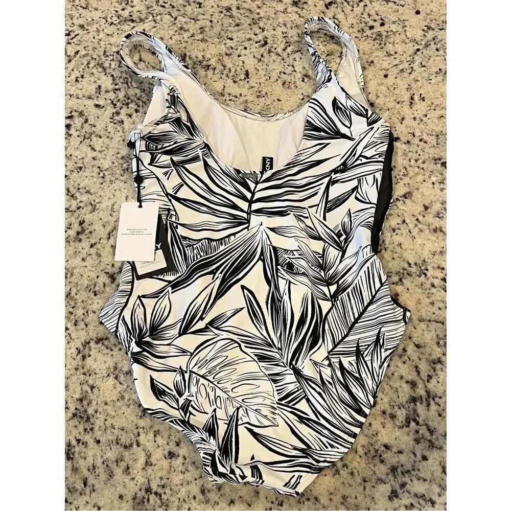 DKNY Women's White Printed Lined Removable Cups Mesh Scoop Neck One Piece Swimsu - Picture 3 of 5